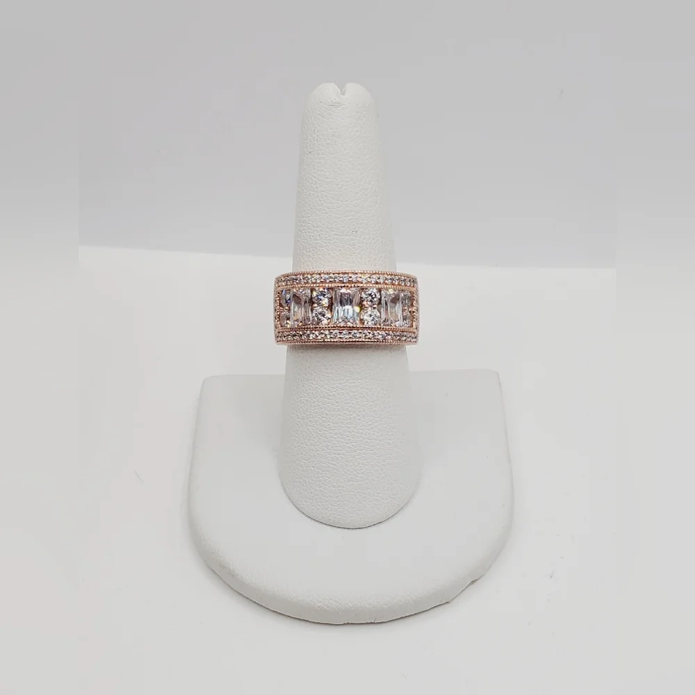 18k Rose Gold - 925 Sterling Silver Diamond Simulants Band Ring